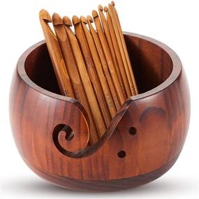 img 4 attached to 🧶 Dark Brown Wooden Yarn Bowl with Bamboo Crochet Hooks - 6 x 3 x 3 Inch - Yarn Storage Holder for Crocheting, Knitting, and DIY Crafts