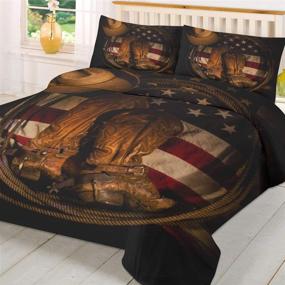 img 2 attached to 🤠 USA Western Bedding Set, Queen Size 3-Piece Duvet Cover Set: Cowboy Hat with Boots Rope on American Flag Comforter Cover + 2 Pillowcases for Men, Women, Adults by T&H Home