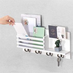 img 3 attached to 🗝️ Rustic Wooden Key and Mail Holder - Wall Mount Mail Organizer, Mail Sorter with 4 Key Rack Hooks, Decorative Hanging Decor for Entryway, Office, 100% Pine Wood (C-White)