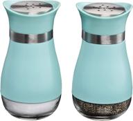 ⚙️ stylish 2-pc. set: mitbak salt and pepper shakers with clear glass bottom - blue logo