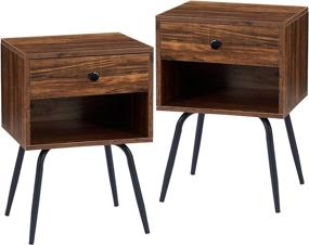 img 4 attached to 🛏️ VECELO Mid Century Modern Nightstand Set of 2: Stylish Bedside Table with Storage and Industrial Metal Legs for Home, Bedroom, Living Room - Brown