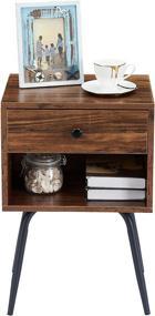 img 3 attached to 🛏️ VECELO Mid Century Modern Nightstand Set of 2: Stylish Bedside Table with Storage and Industrial Metal Legs for Home, Bedroom, Living Room - Brown