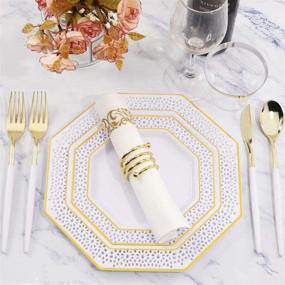 img 3 attached to 150 Piece Set of Gold Plastic Plates with Silver Disposable Utensils, Gold Plastic Silverware with White Handle, Disposable Dinnerware Set of 30 Dinner Plates, 30 Dessert Plates, and 30 Cutlery