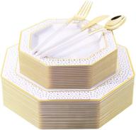 150 piece set of gold plastic plates with silver disposable utensils, gold plastic silverware with white handle, disposable dinnerware set of 30 dinner plates, 30 dessert plates, and 30 cutlery логотип