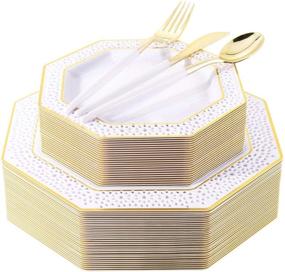 img 4 attached to 150 Piece Set of Gold Plastic Plates with Silver Disposable Utensils, Gold Plastic Silverware with White Handle, Disposable Dinnerware Set of 30 Dinner Plates, 30 Dessert Plates, and 30 Cutlery