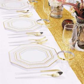 img 1 attached to 150 Piece Set of Gold Plastic Plates with Silver Disposable Utensils, Gold Plastic Silverware with White Handle, Disposable Dinnerware Set of 30 Dinner Plates, 30 Dessert Plates, and 30 Cutlery