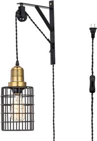 img 4 attached to 💡 Pauwer Adjustable Industrial Metal Cage Wall Lamp with Pulley - Elegant Farmhouse Pendant Lamp with Plug-in and On/Off Switch