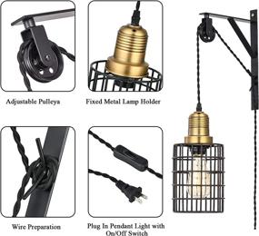 img 3 attached to 💡 Pauwer Adjustable Industrial Metal Cage Wall Lamp with Pulley - Elegant Farmhouse Pendant Lamp with Plug-in and On/Off Switch