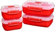 heat and eat 4 rectangular food containers with lids set - 1.25l + 2x 525ml, locking clips & steam release vents, bpa-free microwave safe - 2x 1.25 litre + 2x 525 ml, red logo