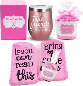 img 4 attached to 🍷 Close at Heart True Friends - 12 oz Stainless Steel Wine Tumbler with Lid + Cupcake Wine Socks Gift Set - Friendship Gifts, Best Friend Birthday Gifts for Women