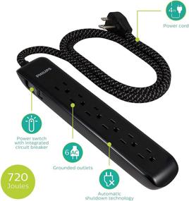 img 3 attached to 💪 Philips 6 Outlet Surge Protector Power Strip, Stylish Braided Power Cord, 4 Ft Long Power Cord, Flat Plug Extension Cord, Ideal for Office or Home Decoration, 720 Joules, ETL Listed, Black, SPC3064BD/37