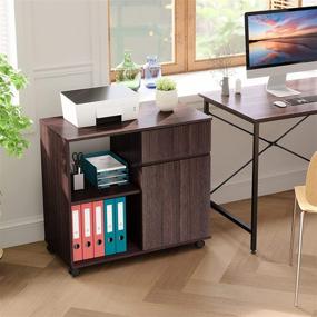 img 4 attached to Brown Mobile Wood File Cabinet with Lockable Casters and Open Storage Shelves for Home Office - Bestier Lateral Filing Cabinet and Printer Stand