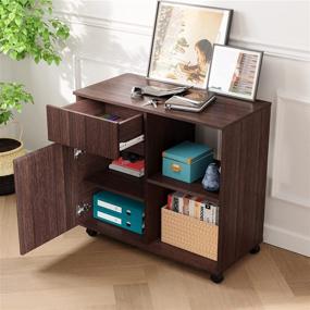 img 3 attached to Brown Mobile Wood File Cabinet with Lockable Casters and Open Storage Shelves for Home Office - Bestier Lateral Filing Cabinet and Printer Stand