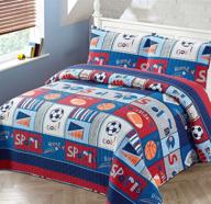 sports bedspread set for boys/kids - baseball, basketball, soccer, football, hockey theme - home-run, touchdown, red blue coverlet quilt - twin size logo