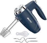 blue electric hand mixer, 200w 5-speed with eject button, includes 4 stainless steel attachments for whipping cake, cream, dough, and cookies логотип