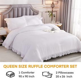 img 3 attached to 🛏️ Andency Queen White Ruffle Comforter Set - 3 Piece Farmhouse Shabby Chic Bedding, Vintage Rustic Soft Microfiber Down Alternative Comforter with 2 Pillowcases (90x90 Inch)