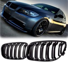 img 1 attached to 🖤 Gloss Black Double Slats Kidney Grille Grill Replacement for BMW E90 E91 LCI 325i 328i 335i 4D (2009-2011)