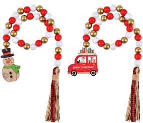 img 4 attached to 🎄 MRTREUP Holiday Wooden Bead Garland with Red and Gold Beads, Festive Farmhouse Rustic Beads with Snowman Christmas Car and Buffalo Plaid Tassels, Hanging Christmas Decor for Home