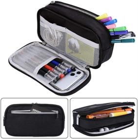 img 2 attached to 🖋️ Pencil Case Organizer - Large Capacity Pencil Bag Pouch for Students, Office Supplies, and Makeup - Multi Pocket Pen Holder and Stationery Desk Organizer (Black)