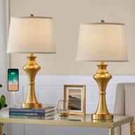 💡 set of 2 modern table lamps, 24.5” usb gold bedside nightstand lamps for living room and bedroom, with fabric lampshade логотип