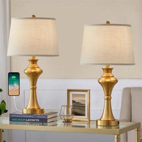 img 4 attached to 💡 Set of 2 Modern Table Lamps, 24.5” USB Gold Bedside Nightstand Lamps for Living Room and Bedroom, with Fabric Lampshade