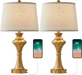 img 2 attached to 💡 Set of 2 Modern Table Lamps, 24.5” USB Gold Bedside Nightstand Lamps for Living Room and Bedroom, with Fabric Lampshade