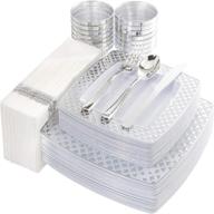 🍽️ i00000 175-piece set of silver plastic square plates with disposable silverware, cups, and napkins - silver diamond tableware bundle: 25 dinner plates, 25 salad plates, 25 forks, 25 knives, 25 spoons, 25 tumblers, and 25 towels logo