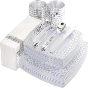 img 4 attached to 🍽️ I00000 175-Piece Set of Silver Plastic Square Plates with Disposable Silverware, Cups, and Napkins - Silver Diamond Tableware Bundle: 25 Dinner Plates, 25 Salad Plates, 25 Forks, 25 Knives, 25 Spoons, 25 Tumblers, and 25 Towels