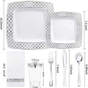 img 3 attached to 🍽️ I00000 175-Piece Set of Silver Plastic Square Plates with Disposable Silverware, Cups, and Napkins - Silver Diamond Tableware Bundle: 25 Dinner Plates, 25 Salad Plates, 25 Forks, 25 Knives, 25 Spoons, 25 Tumblers, and 25 Towels