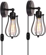 💡 industrial wire cage plug-in wall light kingmi vintage style edison e26 base with dimmer switch for headboard bedroom, garage, and porch - 2 packs (hardwire) логотип