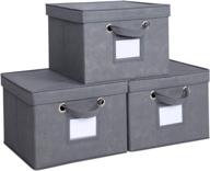 📦 grey foldable storage cubes with lids and metal eyelet handles - set of 3 | fabric collapsible bins for home closet organization | container boxes with label holders logo