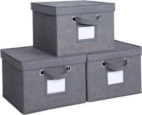 img 4 attached to 📦 Grey Foldable Storage Cubes with Lids and Metal Eyelet Handles - Set of 3 | Fabric Collapsible Bins for Home Closet Organization | Container Boxes with Label Holders