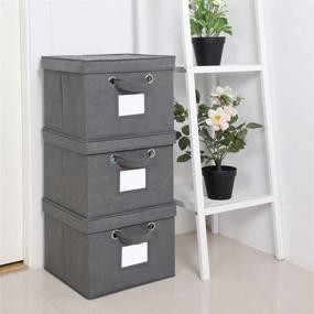 img 1 attached to 📦 Grey Foldable Storage Cubes with Lids and Metal Eyelet Handles - Set of 3 | Fabric Collapsible Bins for Home Closet Organization | Container Boxes with Label Holders