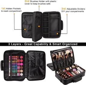 img 3 attached to 💼 Professional Waterproof Travel Cosmetic Case - VASKER Large Makeup Bag Organizer with 3 Layers, Portable Train Cases, Black, Brush Holder, Adjustable Divider - Perfect Gift for Women