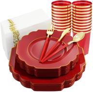 ✨ nervure 140pcs red plastic plates &amp; gold plastic silverware with red handle - gold disposable plates set - includes 40 plates, 20 cups, 20 forks, 20 knives, 20 spoons, and 20 napkins - perfect for christmas logo