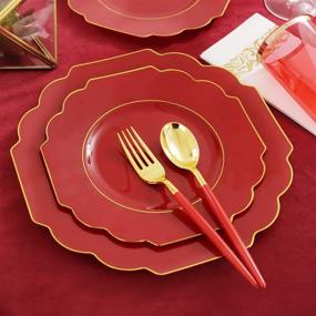 img 1 attached to ✨ Nervure 140PCS Red Plastic Plates &amp; Gold Plastic Silverware with Red Handle - Gold Disposable Plates Set - Includes 40 Plates, 20 Cups, 20 Forks, 20 Knives, 20 Spoons, and 20 Napkins - Perfect for Christmas