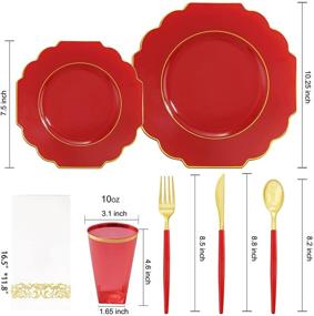 img 3 attached to ✨ Nervure 140PCS Red Plastic Plates &amp; Gold Plastic Silverware with Red Handle - Gold Disposable Plates Set - Includes 40 Plates, 20 Cups, 20 Forks, 20 Knives, 20 Spoons, and 20 Napkins - Perfect for Christmas