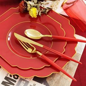 img 2 attached to ✨ Nervure 140PCS Red Plastic Plates &amp; Gold Plastic Silverware with Red Handle - Gold Disposable Plates Set - Includes 40 Plates, 20 Cups, 20 Forks, 20 Knives, 20 Spoons, and 20 Napkins - Perfect for Christmas