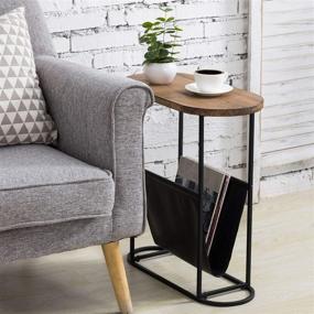 img 1 attached to 🔥 Modern Oval Rustic Side Table with Burnt Wood Finish and Magazine Holder Pouch