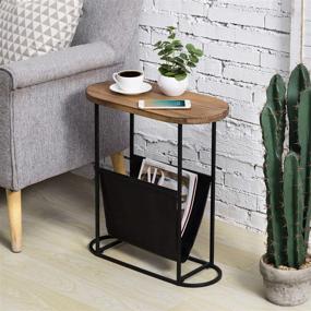 img 2 attached to 🔥 Modern Oval Rustic Side Table with Burnt Wood Finish and Magazine Holder Pouch