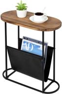 🔥 modern oval rustic side table with burnt wood finish and magazine holder pouch logo