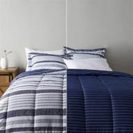🛏️ amazon basics reversible comforter bedding set - full/queen, blue denim/beige stripes: ultra-soft & light-weight microfiber logo