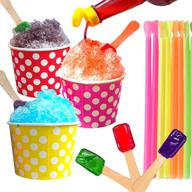 concession essentials 105-piece snow cone/shaved ice kit - 30 polka dot cups (12oz - red, yellow, pink), 25 candy spoons, 50 neon straws logo