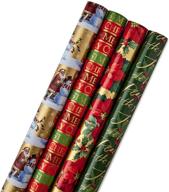 🎁 бумага для подарков hallmark, двусторонняя, рождественская коллекция - 150 кв. фт. - рождественская звезда, ореховый орешек, санта клаус, снежинки, золото, красный, зеленый (набор из 4) логотип