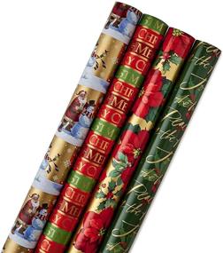 img 4 attached to 🎁 Hallmark Reversible Christmas Wrapping Paper Bundle - 150 sq. ft. - Poinsettias, Holly, Santa, Snowflakes, Gold, Red, Green (Pack of 4)