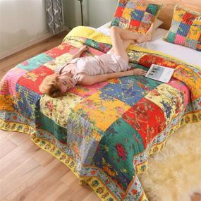 img 2 attached to 🌼 Colorful Floral Patchwork Cotton Quilts King Size - Lightweight Reversible Bedspread with Pillowshams - All Season Bedding in Vibrant Yellow