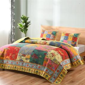 img 4 attached to 🌼 Colorful Floral Patchwork Cotton Quilts King Size - Lightweight Reversible Bedspread with Pillowshams - All Season Bedding in Vibrant Yellow
