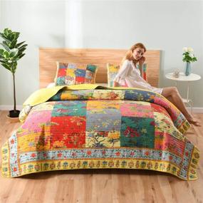 img 3 attached to 🌼 Colorful Floral Patchwork Cotton Quilts King Size - Lightweight Reversible Bedspread with Pillowshams - All Season Bedding in Vibrant Yellow