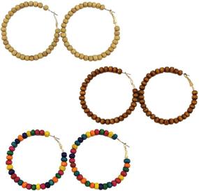 img 3 attached to 👧 Women's and Girls' Vintage Wooden Beaded Hoop Earrings with Rice Beads and Large Size Options