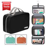 hanging travel toiletry bag for women and men: 100% leak proof + cosmetic/makeup bag, large (34”x11”), clear pockets, detachable compartment, cruelty-free leather (black) logo